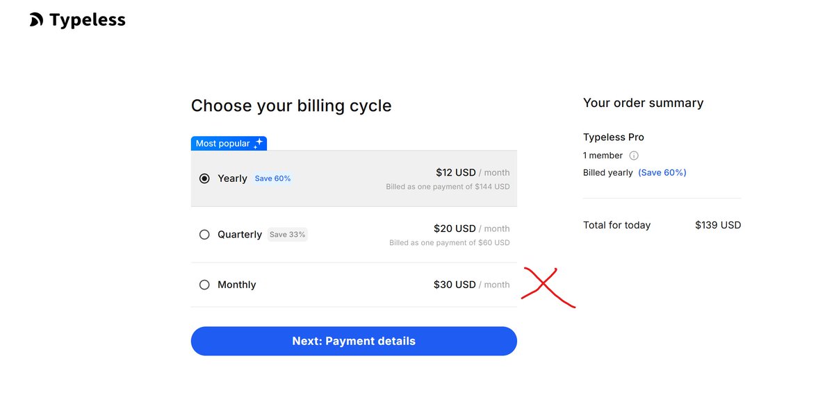 salmon38619's tweet photo. @theo @joshtriedcoding I've been using Typeless the last couple of days, and I do prefer it to Whispr Flow. But I've just had a look at the pricing per month, and it's $30 a month. No fucking way am I paying that much a month for dictation. https://t.co/uVx56rgP17