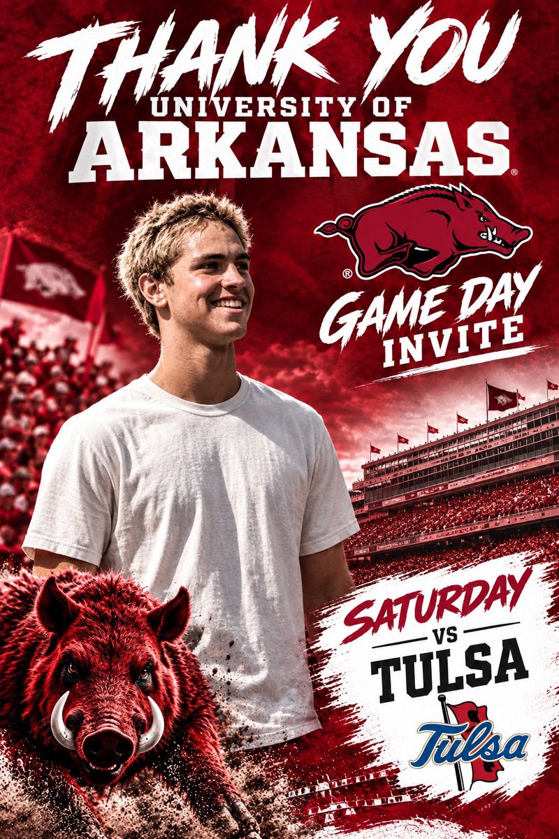 BlakeBaker2009's tweet photo. Thank you @RazorbackFB and @Donavan_Ellison for the GameDay invite vs Tulsa. @CoachBA12 #ALLIN #flipthefield https://t.co/55FqT6fMzr