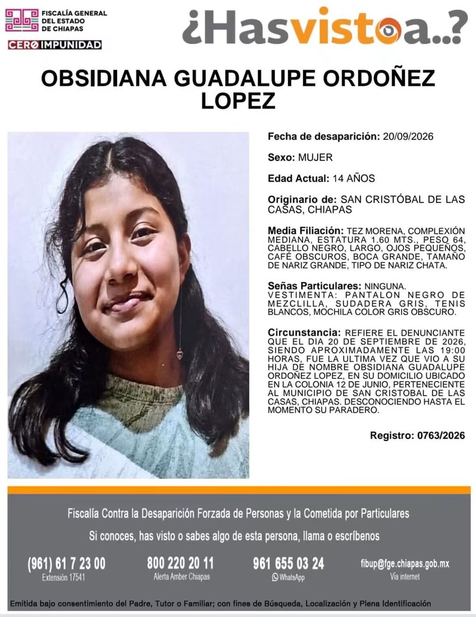 ZosimoCamacho's tweet photo. Camaradas de Chiapas, en búsqueda de Obsidiana Guadalupe. Toda información es importante. Agradeceremos, repliquen. Saludos. https://t.co/bWEY51umrY