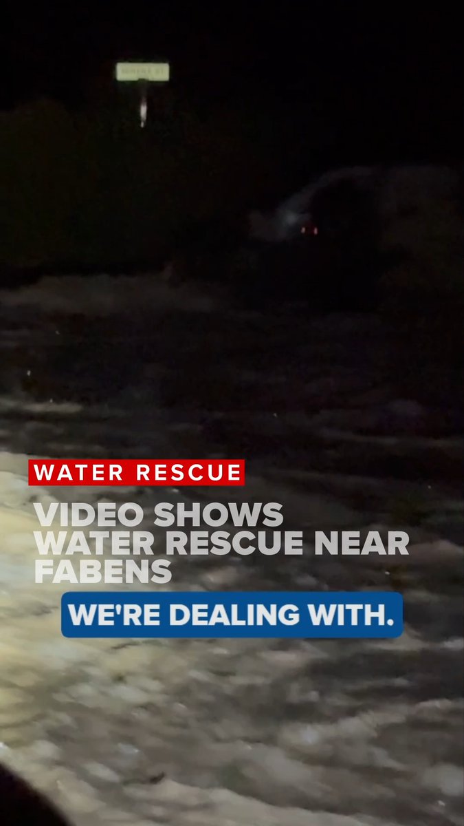 A dark, low-quality news video still showing a flooded area at night with text overlays reading "WATER RESCUE", "VIDEO SHOWS WATER RESCUE NEAR FABENS", and "WE'RE DEALING WITH."
