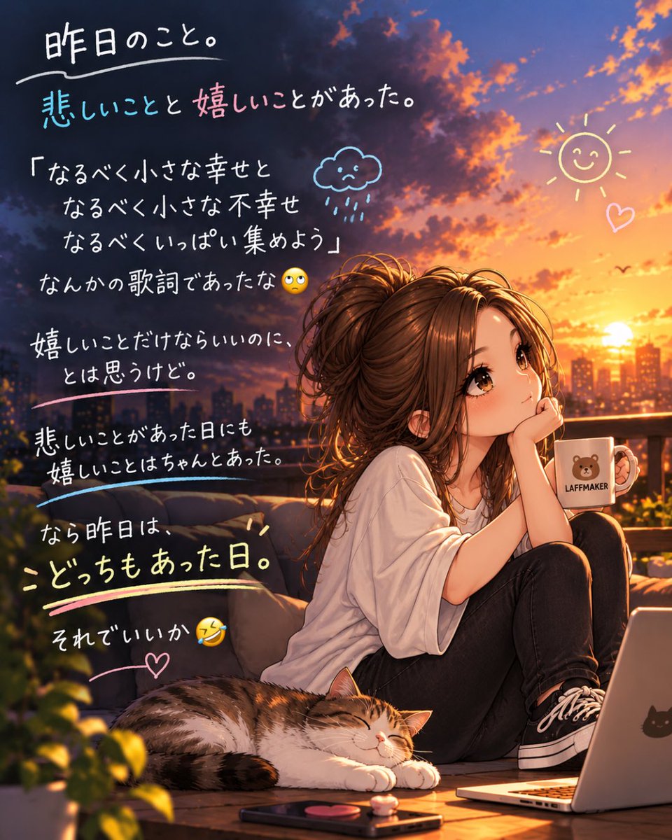 LAFFMAKER_'s tweet photo. 昨日のこと。

悲しいことと嬉しいことがあった。

「なるべく小さな幸せと
なるべく小さな不幸せ
なるべくいっぱい集めよう」

なんかの歌詞であったな🙄

嬉しいことだけならいいのに。

悲しいことがあった日にも
嬉しいことはちゃんとあった。

なら昨日は、
どっちもあった日。

それでいいか🤣 https://t.co/aR468upEWX