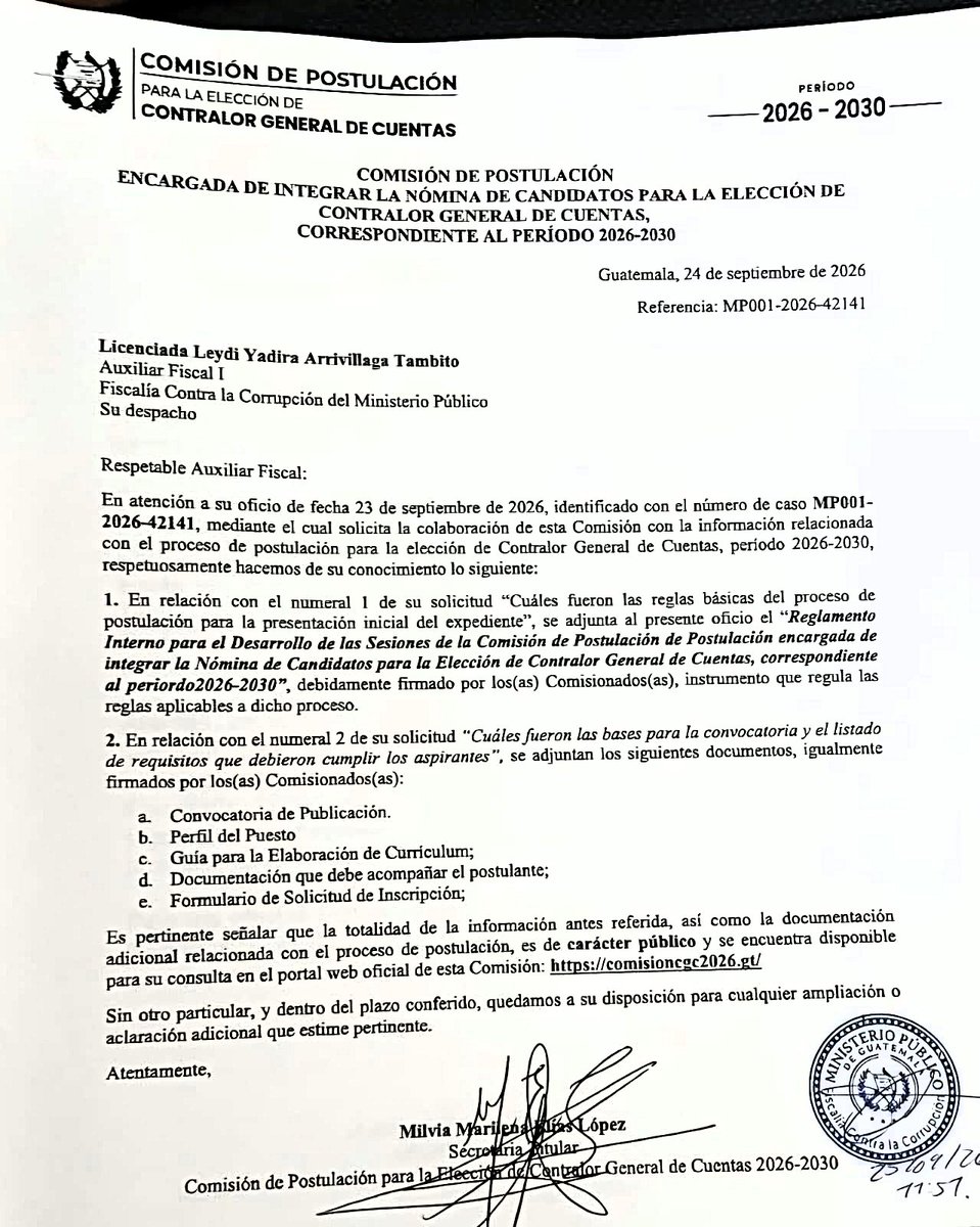 Noti7Guatemala's tweet photo. Comisión de Postulación para elección de Contralor General de Cuentas período 2026-2030 no recibió ninguna impugnación contra nómina de candidatos entregada a @CongresoGuate

Además, equipo jurídico a través de secretaría respondió a @MPguatemala sobre requerimientos realizados. https://t.co/1is22fNxn3