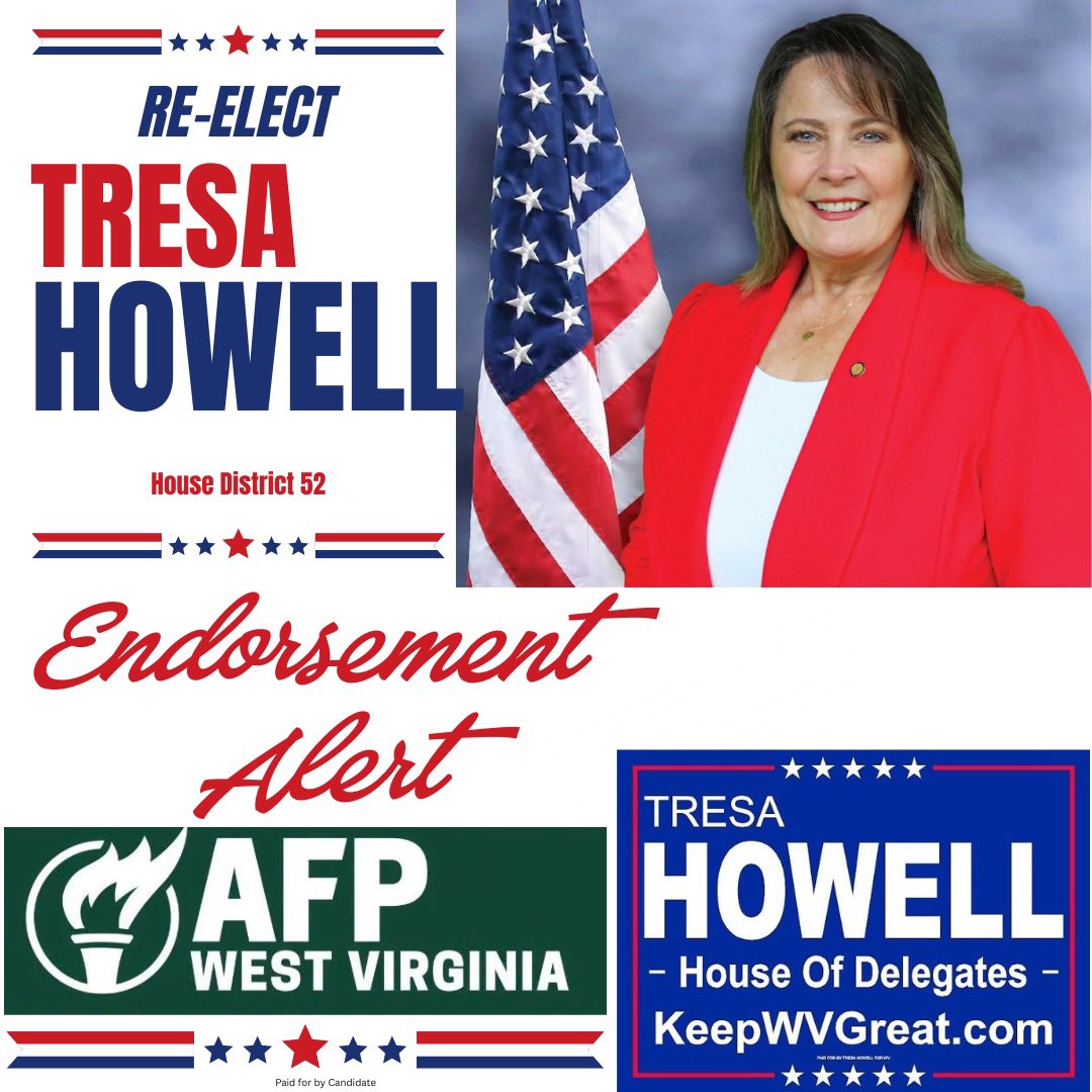 TresaHowell4WV's tweet photo. I’m honored to earn the endorsement of Americans for Prosperity. I remain committed to lower taxes, American energy independence, educational freedom, & policies focused on WV families.
#TresaHowell
#WVHD52
#UKV
#EconomicFreedom
#CoalCountry
#WVPolitics #WVHouseOfDelegates https://t.co/WdscpZbRWF