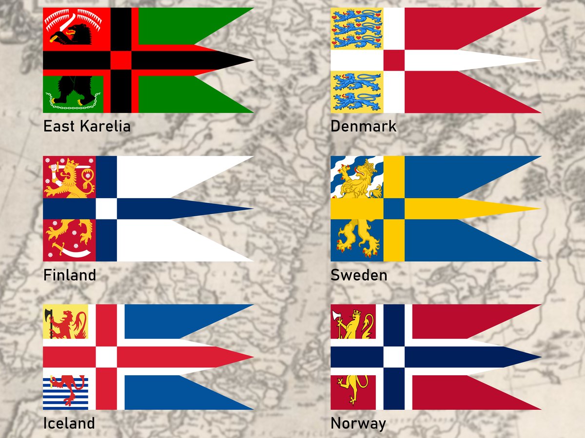 Yunacel's tweet photo. Flags of the Nordic countries in the style of the War flag of East Karelia 🇩🇰 🇸🇪 🇳🇴 🇫🇮 🇮🇸 https://t.co/BD0CwP2bqt
