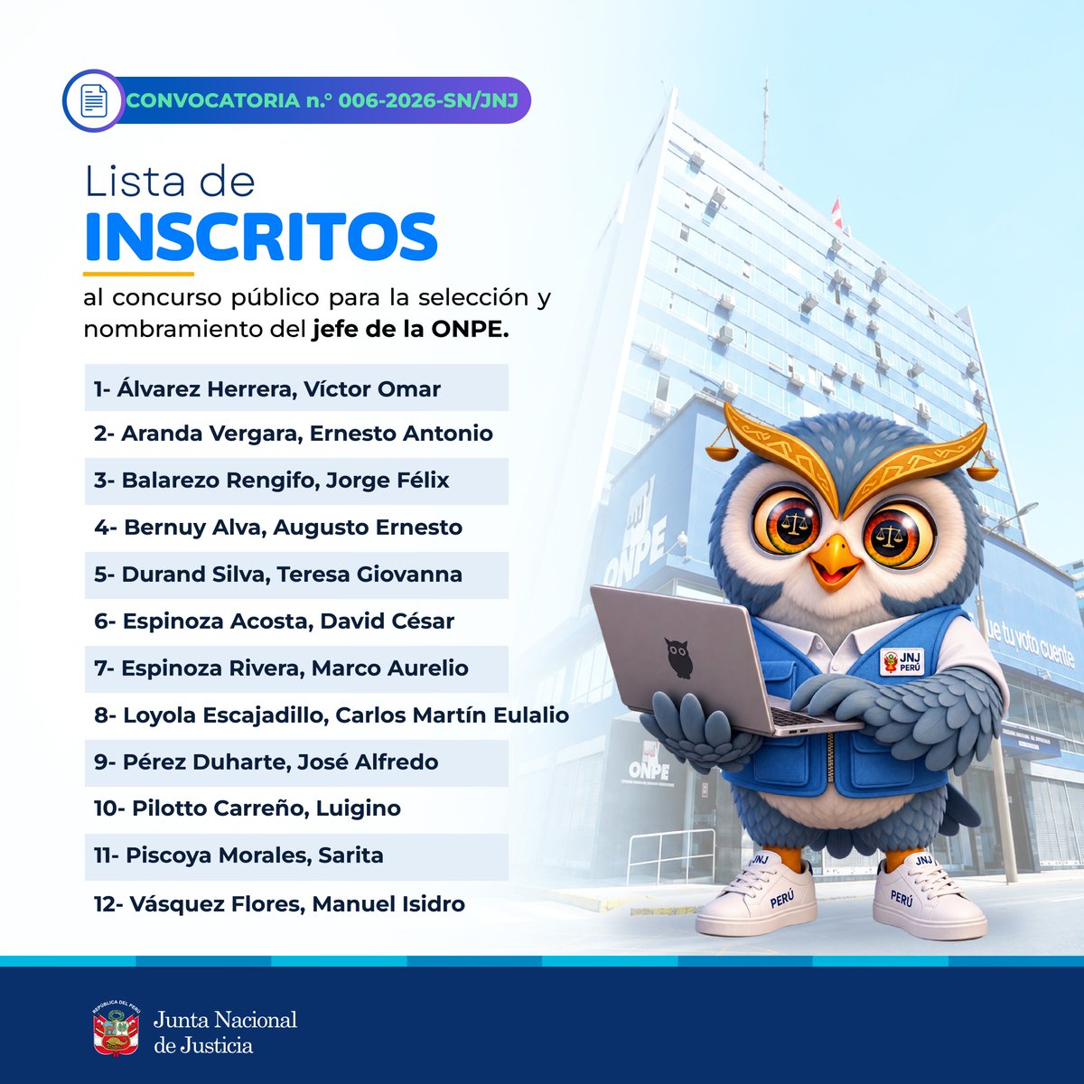 JNJPeru's tweet photo. 🔴 Conoce a los postulantes inscritos para el concurso público de selección y nombramiento del jefe de la #ONPE. https://t.co/Bvd6udAi54