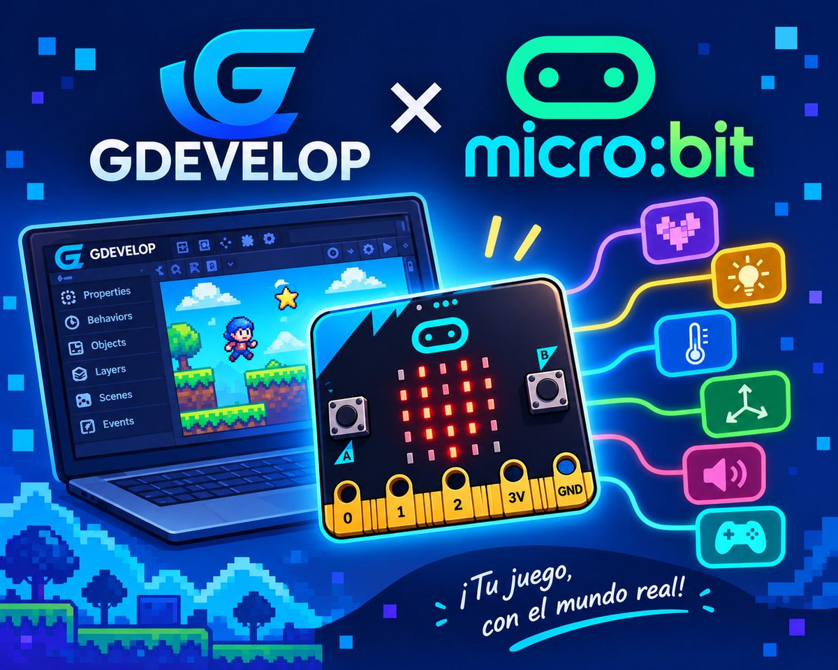 KiriArc_Games's tweet photo. Nuevo desarrollo: una extensión de GDevelop para usar placas micro:bit dentro del motor.
Hasta ahora tiene:
📐Control del acelerómetro
🔘Botones A y B
📟Texto scrolleable (hasta 15 caracteres) e imágenes en la pantalla LED
#GDevelop #GameDev #IndieDev #GameDevelopment #Microbit https://t.co/S5az92Jl0Y
