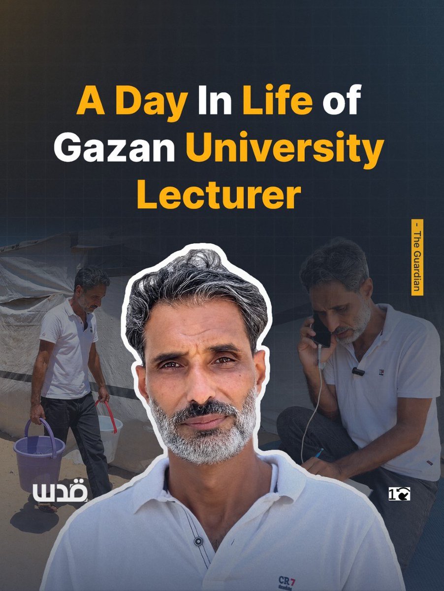 QudsNen's tweet photo. In Gaza, even teaching a university class has become a daily struggle. Lecturer Mahmoud Seydam works from a tent, battling power cuts, weak internet and repeated displacement, yet he continues teaching his students against the odds. https://t.co/s7P445JECl