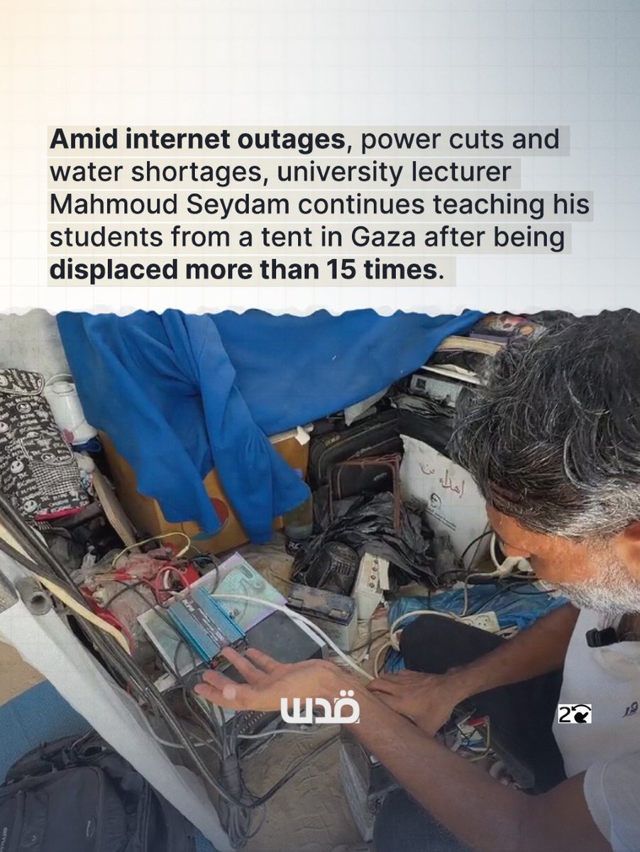 QudsNen's tweet photo. In Gaza, even teaching a university class has become a daily struggle. Lecturer Mahmoud Seydam works from a tent, battling power cuts, weak internet and repeated displacement, yet he continues teaching his students against the odds. https://t.co/s7P445JECl
