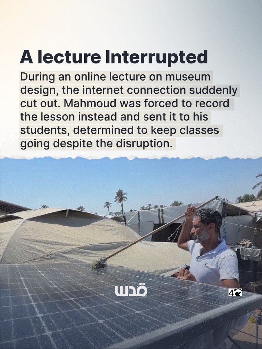 QudsNen's tweet photo. In Gaza, even teaching a university class has become a daily struggle. Lecturer Mahmoud Seydam works from a tent, battling power cuts, weak internet and repeated displacement, yet he continues teaching his students against the odds. https://t.co/s7P445JECl