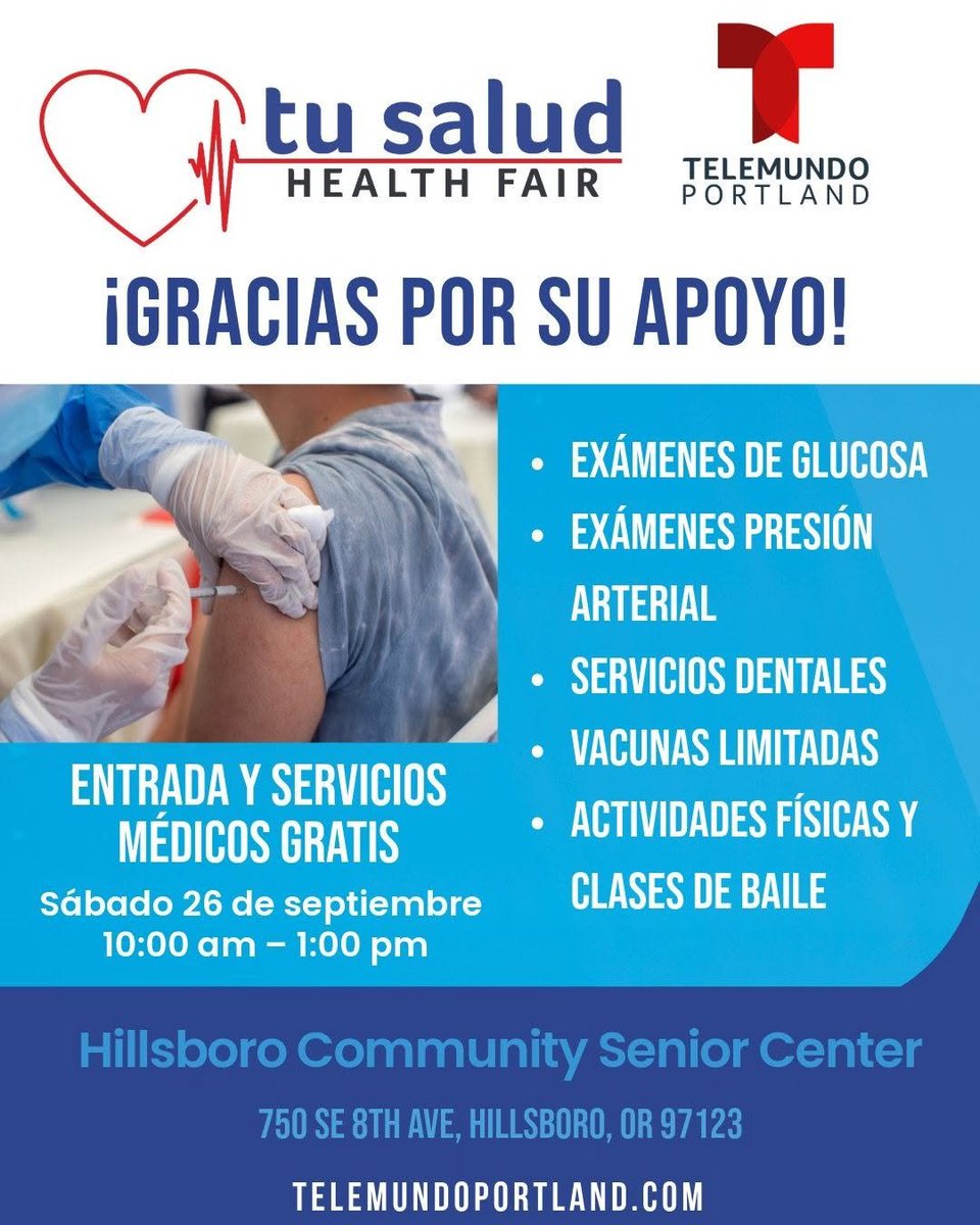 ConsulMexPot's tweet photo. ⚕️ Feria de Salud @TelemundoPDX 

📍 Hillsboro Community Senior Center
⏰ 10 AM – 1 PM https://t.co/sAMyu3UF5P