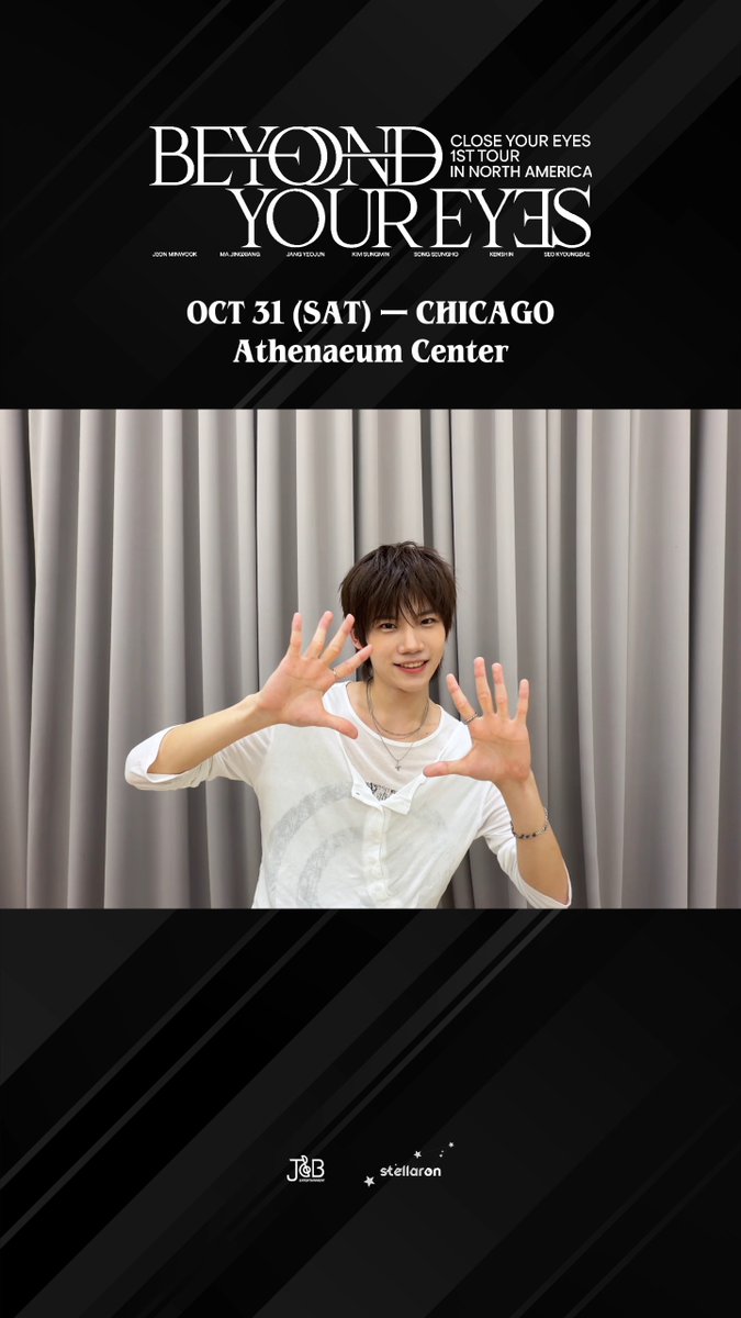 A concert tour poster for 'BEYOND YOUR EYES 1ST TOUR IN NORTH AMERICA' scheduled for 'OCT 31 (SAT) — CHICAGO' at the Athenaeum Center, featuring a young man with hands raised.