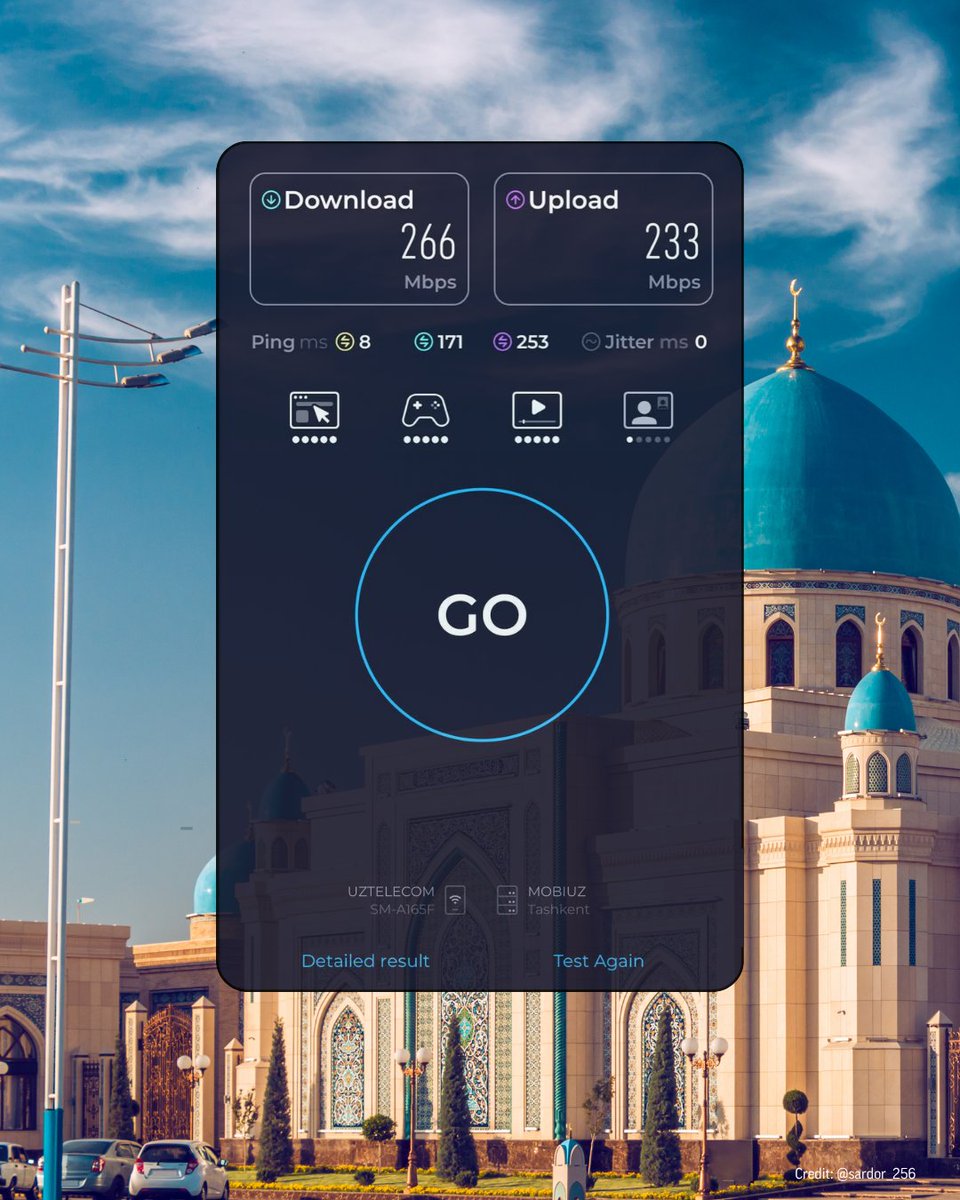 Speedtest's tweet photo. Tashkent understood the assignment 😎

📱 Samsung Galaxy A16 5G 
📶 UZTELECOM 
📍 Tashkent, Uzbekistan

#SpeedtestResult https://t.co/IMIPOG26KF