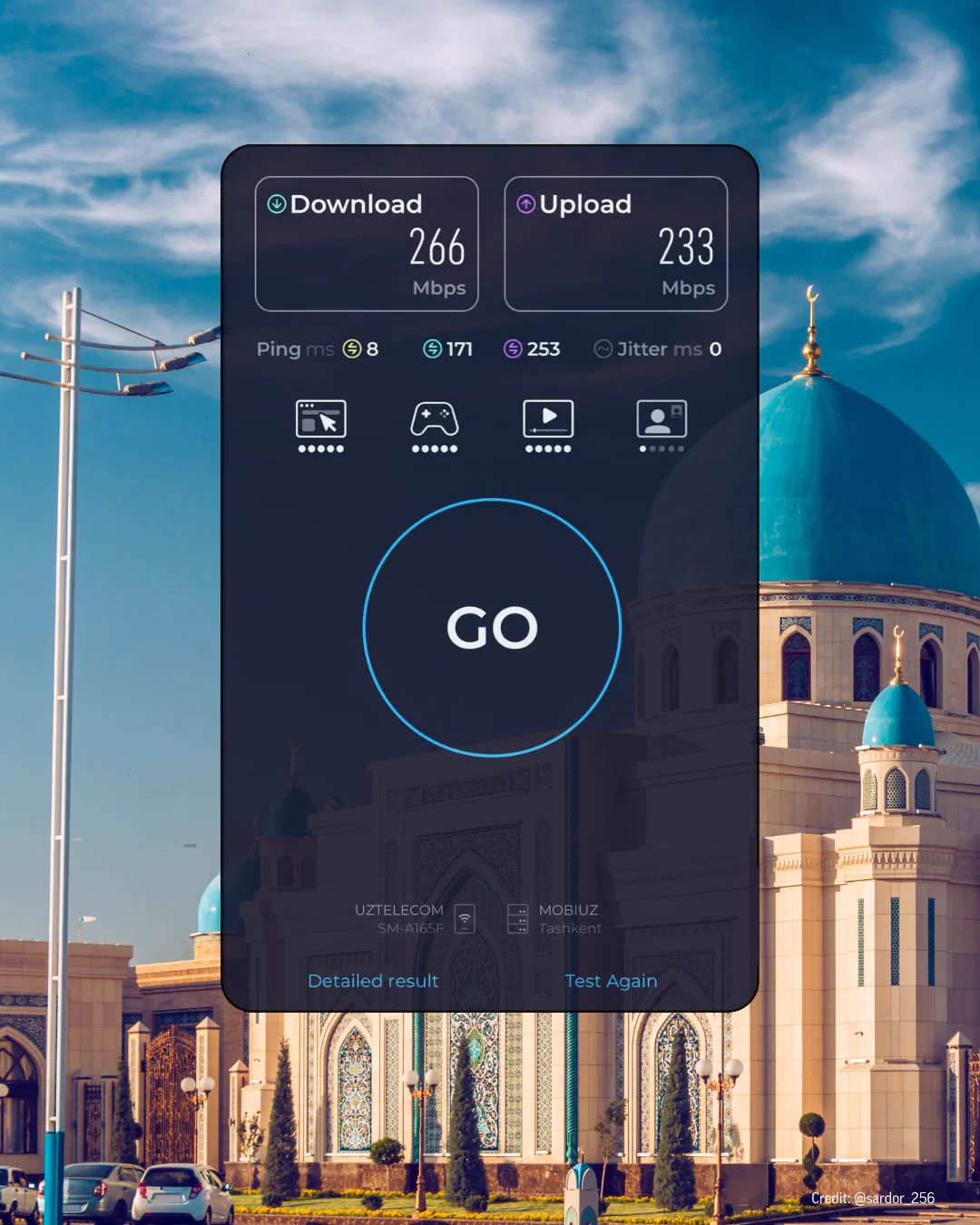 Speedtest results graphic over a photograph of an ornate mosque in Tashkent, Uzbekistan, featuring a large turquoise dome, smaller domes, decorative tilework and a bright blue sky. A dark, semi-transparent Speedtest panel displays 266 Mbps download, 233 Mbps upload, 8 ms ping, 171 ms download latency, 253 ms upload latency and 0 ms jitter. The test was conducted on a Samsung SM-A165F using UZTELECOM, with MOBIUZ as the test server in Tashkent. Photo credit: @sardor_256.