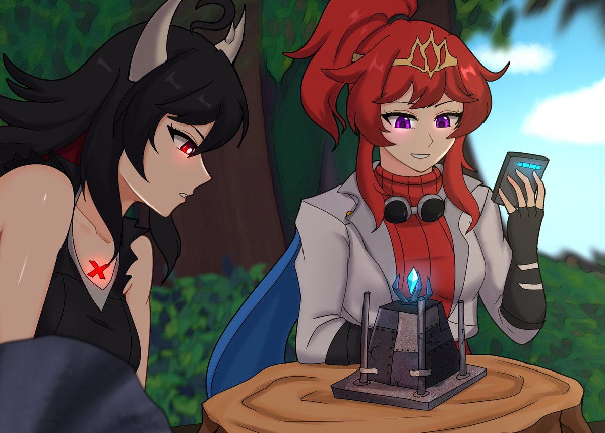 err603's tweet photo. While I was gone I have been drawing a lot!

Here's an art of Scarlett and Cherry chilling, while the latter tests her machines—

#OC #digitalart https://t.co/s0eprtwiCu