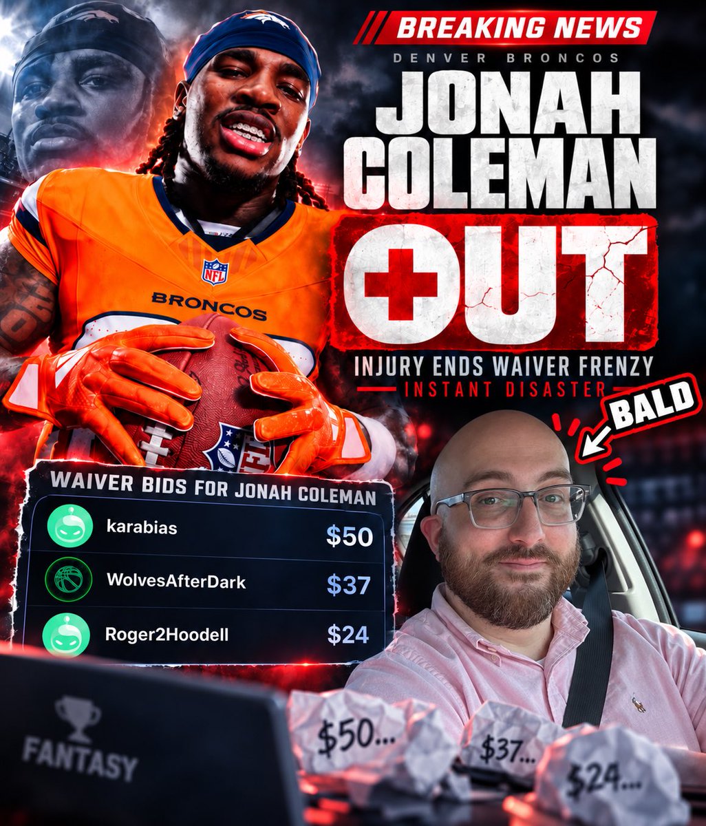 AppleCupCentel's tweet photo. 🏥 Nick won the Jonah Coleman waiver sweepstakes with a $50 FAAB bid, beating out offers of $37 and $24.

Coleman has since been ruled OUT.

The most expensive waiver pickup of the week will make his debut from the bench.

(via @AppleCupCentel) https://t.co/JoH7XJCQOQ