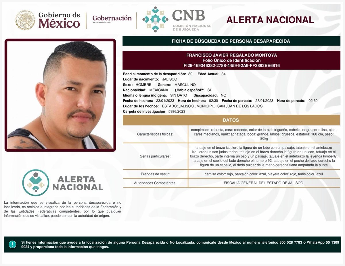AAMBER_JAL's tweet photo. 🚨 Solicitamos su apoyo para localización de persona 🚨

⚖️ Alerta Amber Jalisco y @FiscaliaJal  en coordinación con la @Busqueda_MX , solicitan su apoyo para la difusión de la cédula informativa con el objetivo de localizar a

FRANCISCO JAVIER REGALADO MONTOYA https://t.co/GrBHxbS0OC