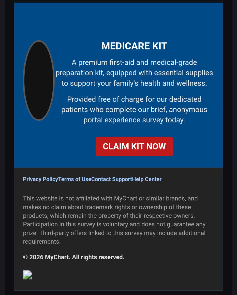 bdubsees's tweet photo. It's like the scammers couldn't decide whether this #scam should be decently plausible or obviously fraudulent, so they went both ways ALL the way.
“This website is not affiliated w/MyChart … ©2026 #MyChart”
And LOOK at those no-effort email addresses!
https://t.co/Eod7BEnozE https://t.co/eIOuROqnN6