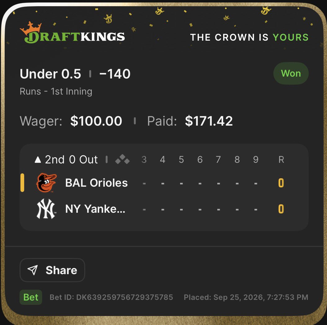 BogieTerp's tweet photo. If the same people who liked the post also retweeted, we would have easily made 125. But they chose not to. I guess they don’t like cashing. 

I just cashed the second bet which was the same two teams (Orioles and Yankees) except this time they played at night. 

2-0 on MLB today, 13-0 overall. 

The tickets look identical except if you look at the bottom right of the tickets, you will see time stamps. The earlier ticket has a time stamp of 3:42pm and the later bet has a stamp of 7:27pm, which was when I placed the bets. The teams are the same, odds the same, bet amount and winning the same but the time stamp will tell you they are two different bets for two different games. 

The third bet will be with the Padres game and it can be anything… ML, Over or under, Team total, anything. I will send the last bet if we get to 125 Likes/retweets.