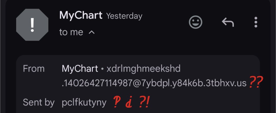 bdubsees's tweet photo. It's like the scammers couldn't decide whether this #scam should be decently plausible or obviously fraudulent, so they went both ways ALL the way.
“This website is not affiliated w/MyChart … ©2026 #MyChart”
And LOOK at those no-effort email addresses!
https://t.co/Eod7BEnozE https://t.co/eIOuROqnN6
