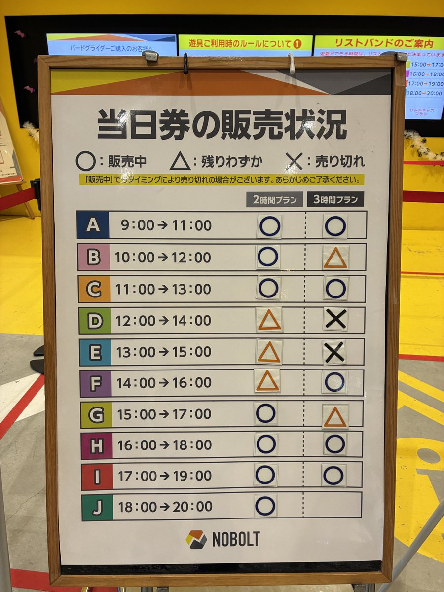 NOBOLT_TAITO's tweet photo. おはようございます！
9月26日（土）☔️の販売状況です！

雨で外出できない方はぜひノボルトに遊びに来てください！！

バードグライダーは終日運行しております♪

ハロウィンまで残り約1ヶ月🎃
イベントも予定してます⭐️
ノボルトでお待ちしてます！！

#ノボルト https://t.co/nKhpH3hHo0