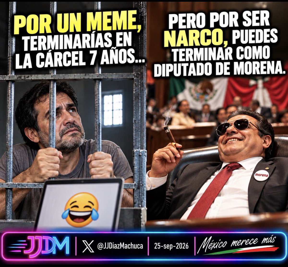 JJDiazMachuca's tweet photo. 😂 MÉXICO MÁGICO DE MORENA:

Por un meme, hasta 7 años de cárcel.

Por ser narco… hasta diputado puedes terminar.

El chiste se cuenta solo. https://t.co/9ZaoshXQwT