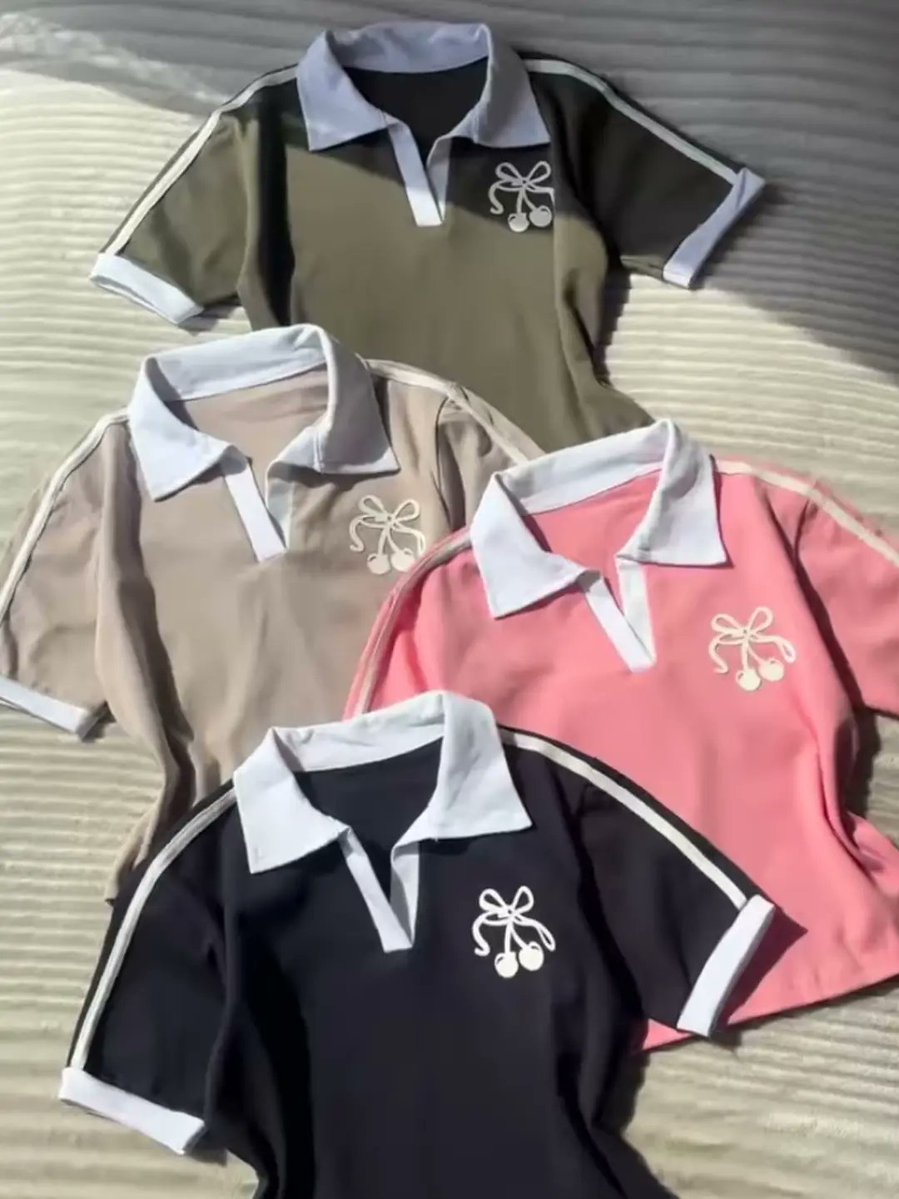 KellykLemos's tweet photo. Cute coquette cherry bow embroidered polo crop tees with contrast collars and sporty stripes. Available in olive green, beige, soft pink, and black. Lightweight cotton blend for effortless summer styling. https://t.co/zdloIkAAUr