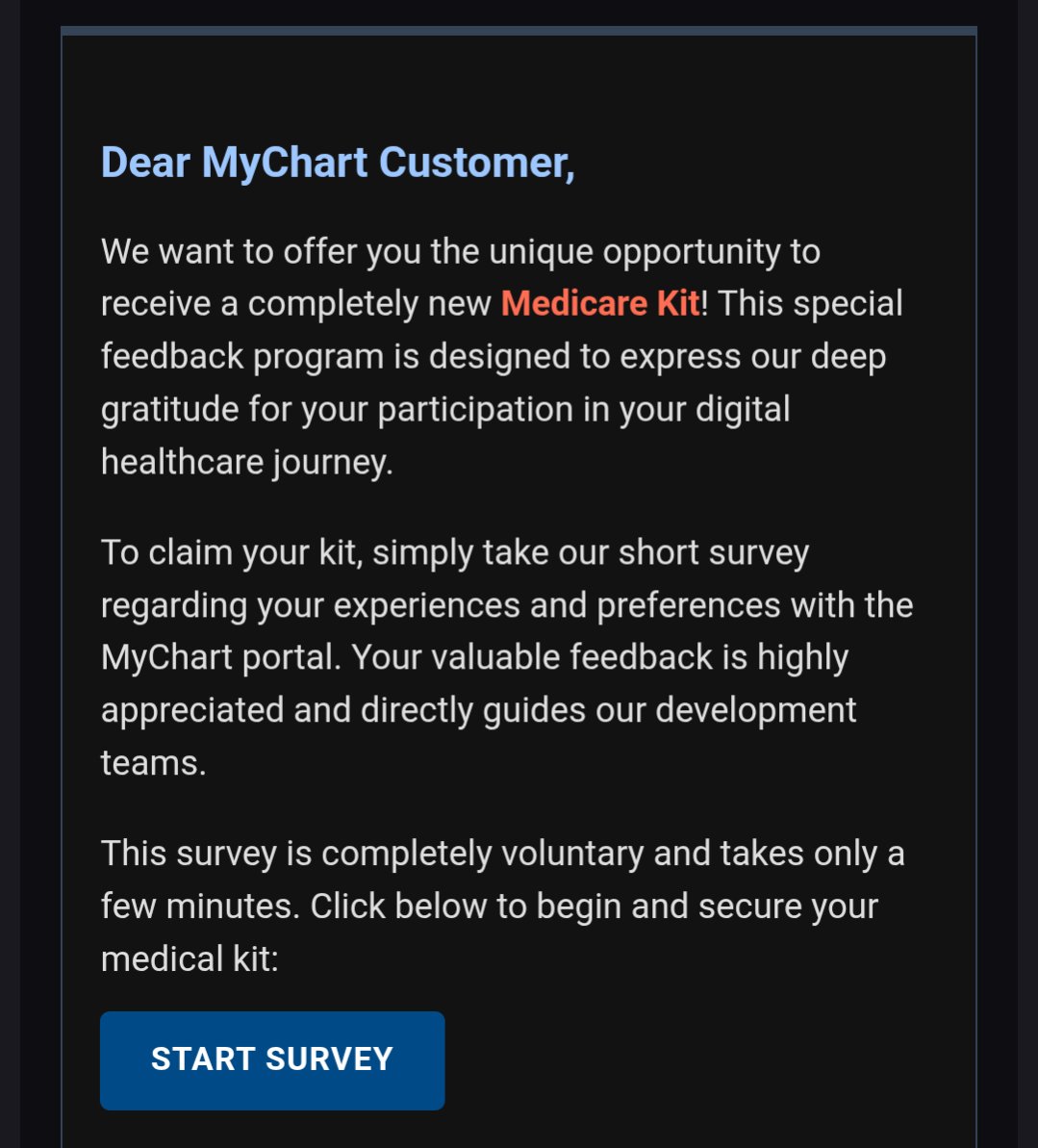 bdubsees's tweet photo. It's like the scammers couldn't decide whether this #scam should be decently plausible or obviously fraudulent, so they went both ways ALL the way.
“This website is not affiliated w/MyChart … ©2026 #MyChart”
And LOOK at those no-effort email addresses!
https://t.co/Eod7BEnozE https://t.co/eIOuROqnN6