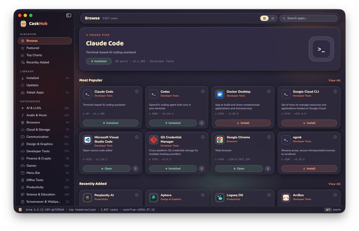 LiamBroza's tweet photo. As an avid @MacHomebrew user and this is next leve!

#CaskHub
brew install --cask caskhub

A native macOS app store for Homebrew casks. Browse, search, install, update, and uninstall thousands of Mac apps distributed through Homebrew - with original app icons extracted from the source, categories, popularity charts, and one-click actions, all in a clean SwiftUI interface.