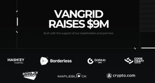 A promotional graphic announcing that VanGrid raises $9M, featuring logos of stakeholders and partners including HashKey Capital, Borderless, Gate.io, Core Craft, Animoca Brands, Mapleblock, and crypto.com.