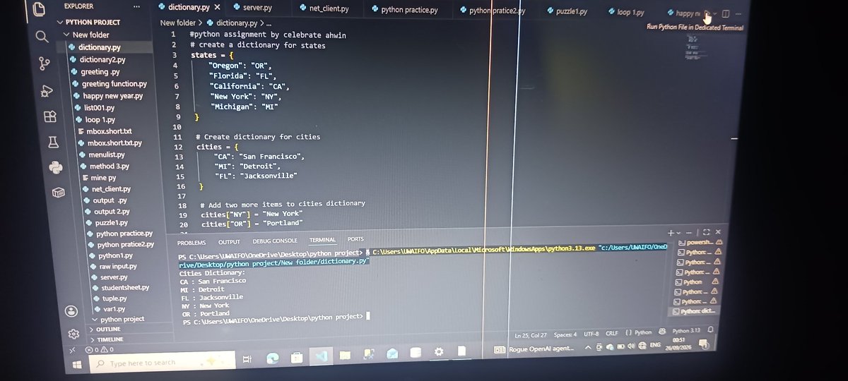 awhin34962's tweet photo. 🐍 Day 5 of my coding journey!

Today, I learned about **Dictionaries in Python** 📚💻

Learning step by step, one concept at a time. 

#Day5 #Python #CodingJourney #SoftwareEngineering #LearningToCode #100DaysOfCode https://t.co/yV8xtVtEGM