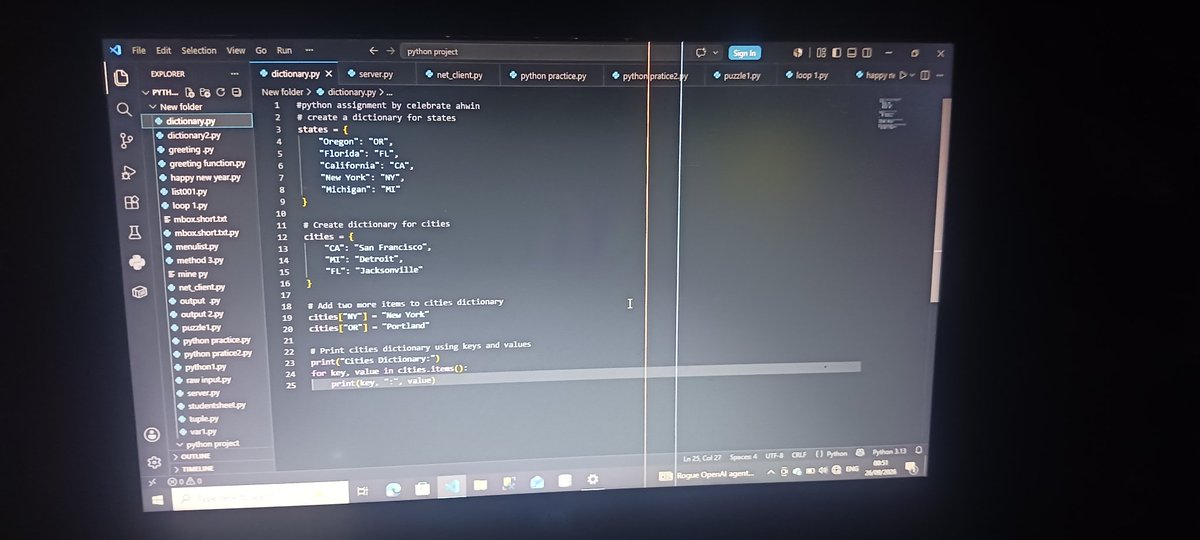 awhin34962's tweet photo. 🐍 Day 5 of my coding journey!

Today, I learned about **Dictionaries in Python** 📚💻

Learning step by step, one concept at a time. 

#Day5 #Python #CodingJourney #SoftwareEngineering #LearningToCode #100DaysOfCode https://t.co/yV8xtVtEGM