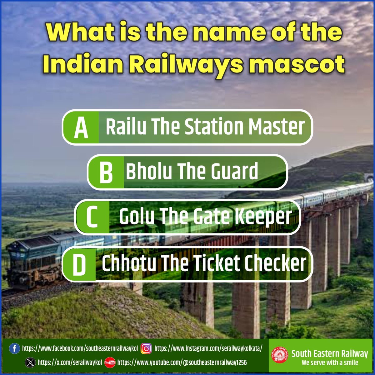 serailwaykol's tweet photo. @RailMinIndia Comment down the correct answer 👇

#triviatime #triviachallenge #SouthEasternRailway #trivia #railwayfacts 

[Indian Railways, railway facts, Indian railway trivia, railway trivia, train facts, Indian trains, railway quiz] https://t.co/sotfkbNUWv