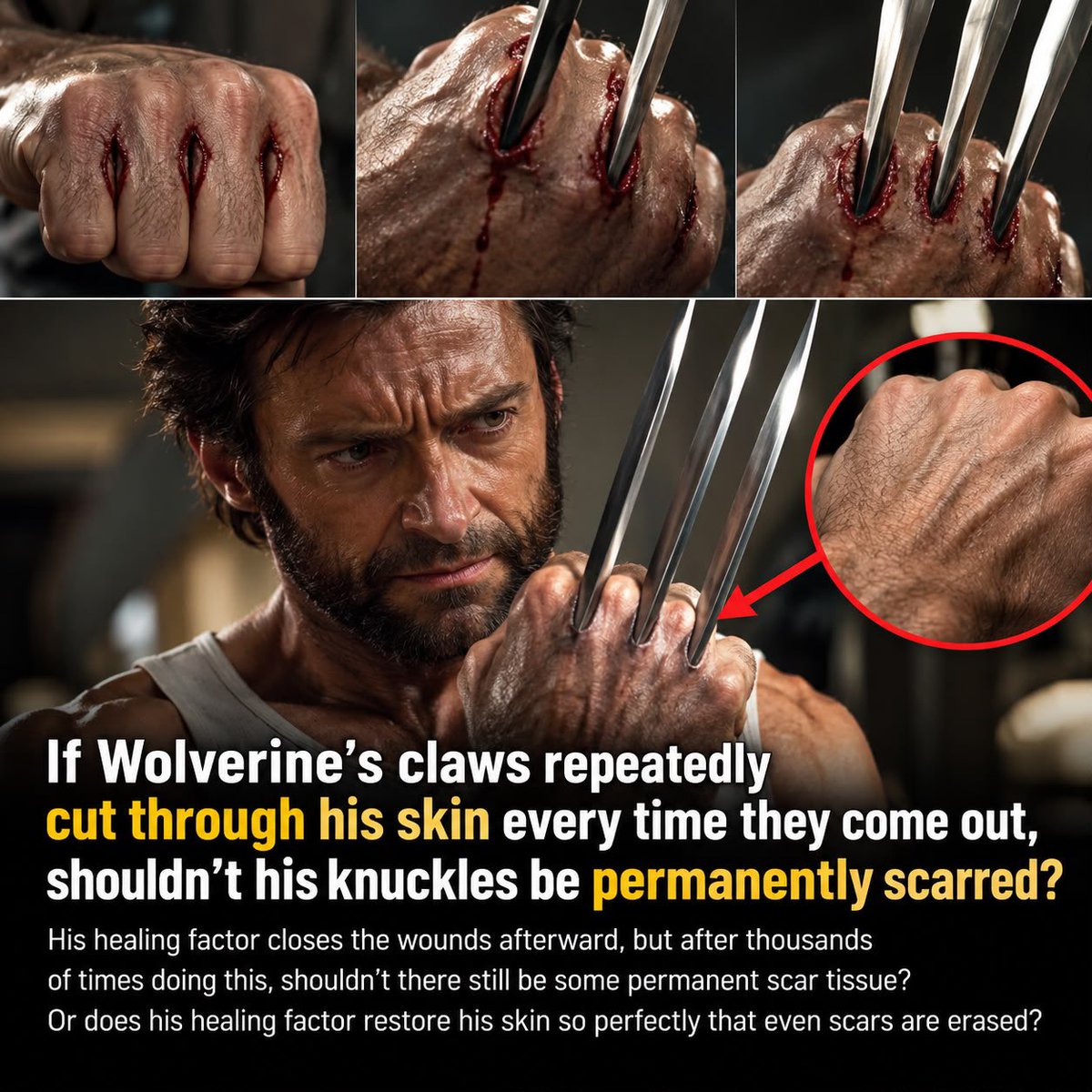 King_Shark02's tweet photo. Every time Wolverine extends his claws, they literally tear through the skin between his knuckles.

His healing factor closes the wounds afterward, but after thousands of times doing this, shouldn’t there still be some permanent scar tissue?

Or does Wolverine’s healing factor restore his skin so perfectly that even scars are erased?