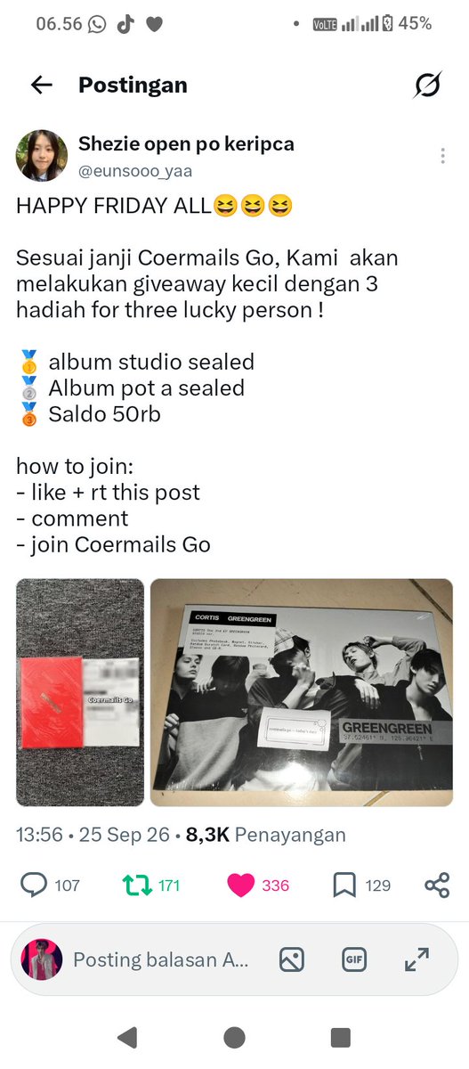 edloveee's tweet photo. @eunsooo_yaa nona edward sudh menyelesaikan misi, congrats atas go nya semoga berkembang lebih baik, dan bnyk buyernyaa, and semoga penyerahan album pb cortis kepada nona ter-aminkann��💜💜 https://t.co/8Gu5bmnpvZ