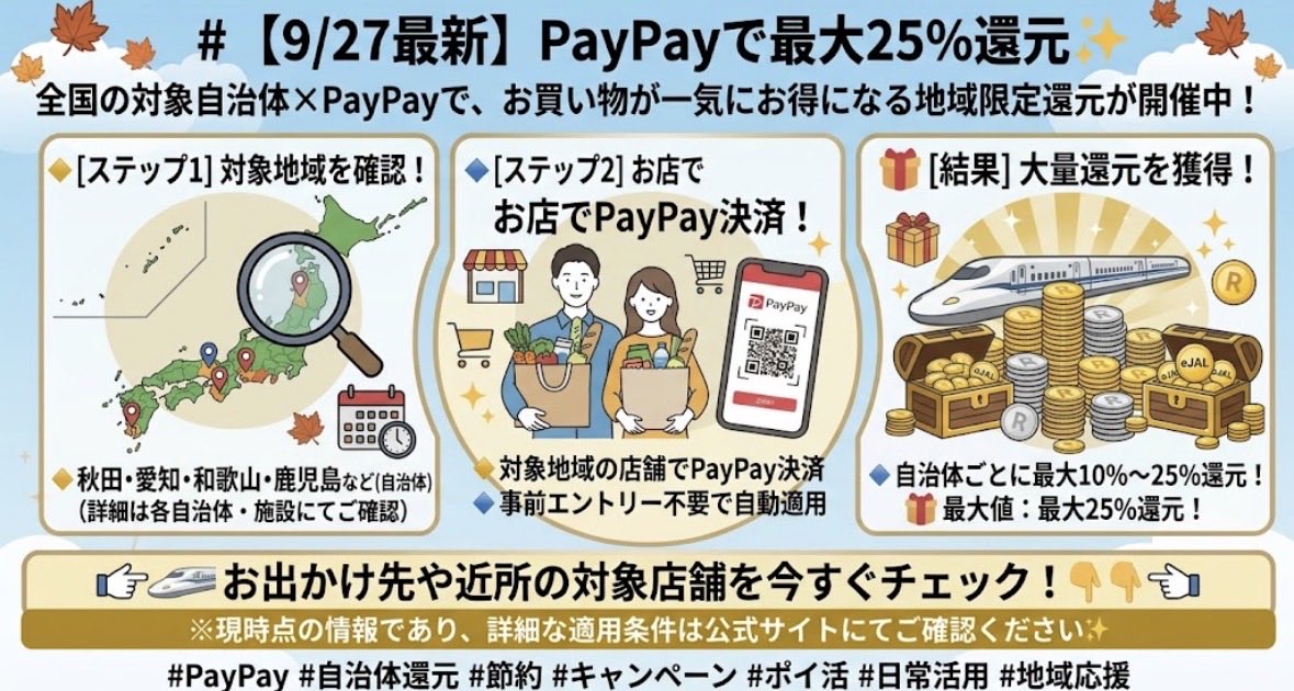 gk33984's tweet photo. 【9/27最新】PayPayで最大25%還元✨

全国の対象自治体×PayPayで、お買い物が一気にお得になる地域限定還元が開催中！

🔹対象地域の店舗でPayPay決済
🔹自治体ごとに最大10%〜25%還元
🔹事前エントリー不要で自動適用
🔹秋田・愛知・和歌山・鹿児島など

お出かけ先や近所の対象店舗を今すぐチェック！

※現時点の情報であり、詳細な適用条件は公式サイトにてご確認ください