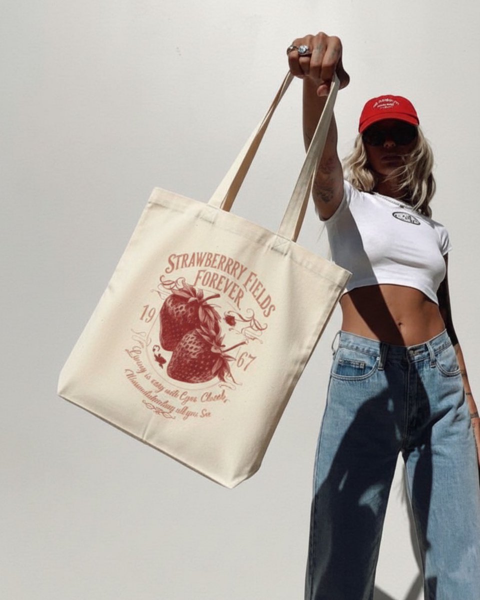 lucasberlin1's tweet photo. Soft days, sweet moments, and vintage charm. Our Strawberry Fields tote is perfect for morning walks, coffee dates, market trips, and slow study days. Made for those who romanticize the little things. Available now. https://t.co/bKegdQWnLU