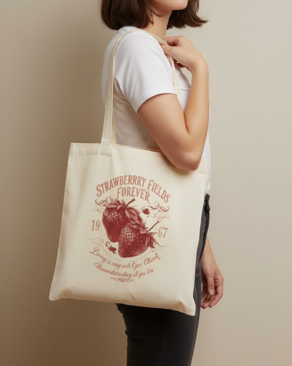 lucasberlin1's tweet photo. Soft days, sweet moments, and vintage charm. Our Strawberry Fields tote is perfect for morning walks, coffee dates, market trips, and slow study days. Made for those who romanticize the little things. Available now. https://t.co/bKegdQWnLU