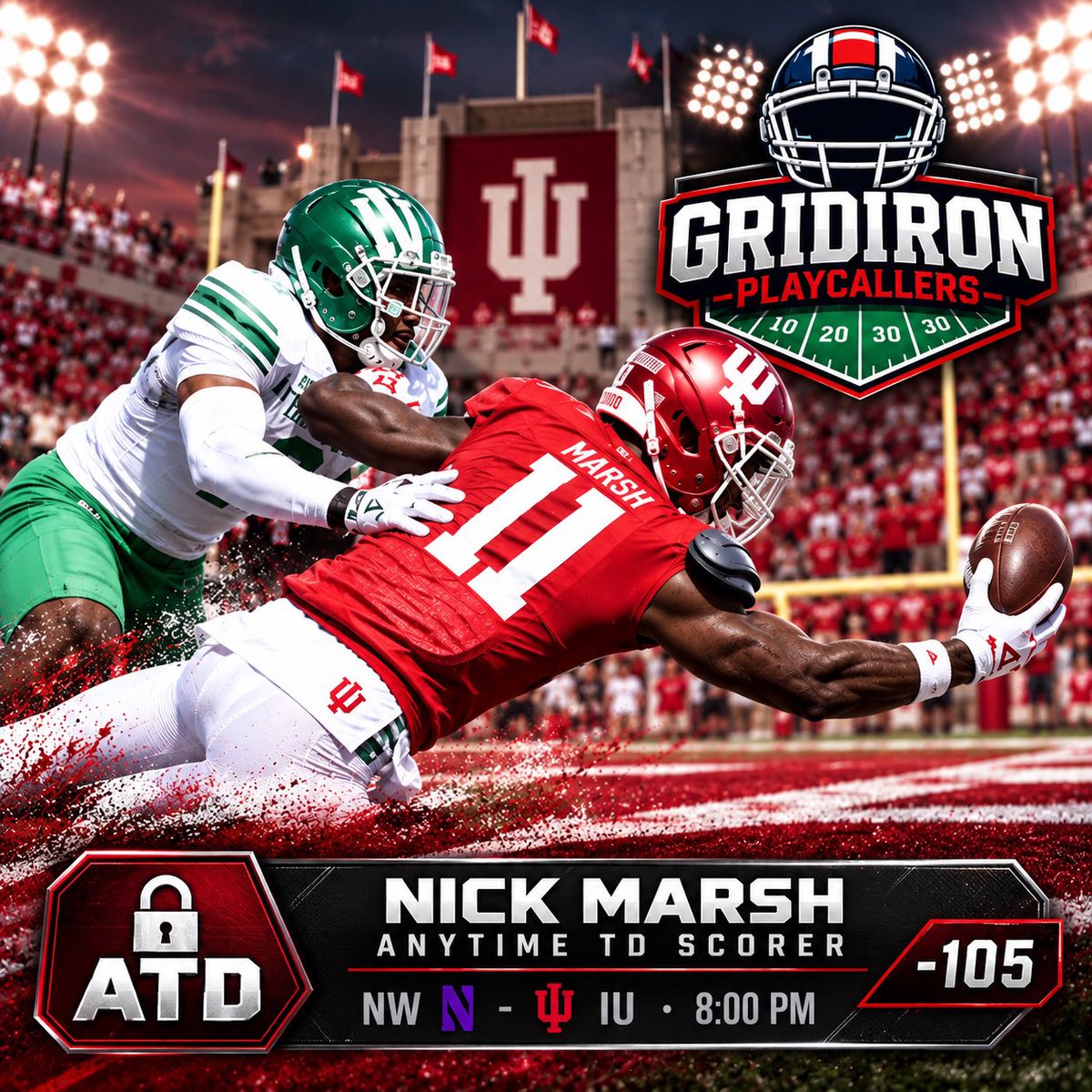 GridIronPlayCal's tweet photo. Kickoff is about to happen so let’s see if we can make it 2 in a row! 

Nick Marsh has been the clear number 2 in the TD department behind Becker (5 to 2) despite the same # of TGTs however as B1G play gets started they’ll need him to get going more!

#NWvsIU #B1G #CFB #CFBBets https://t.co/VbxtvxRbH1