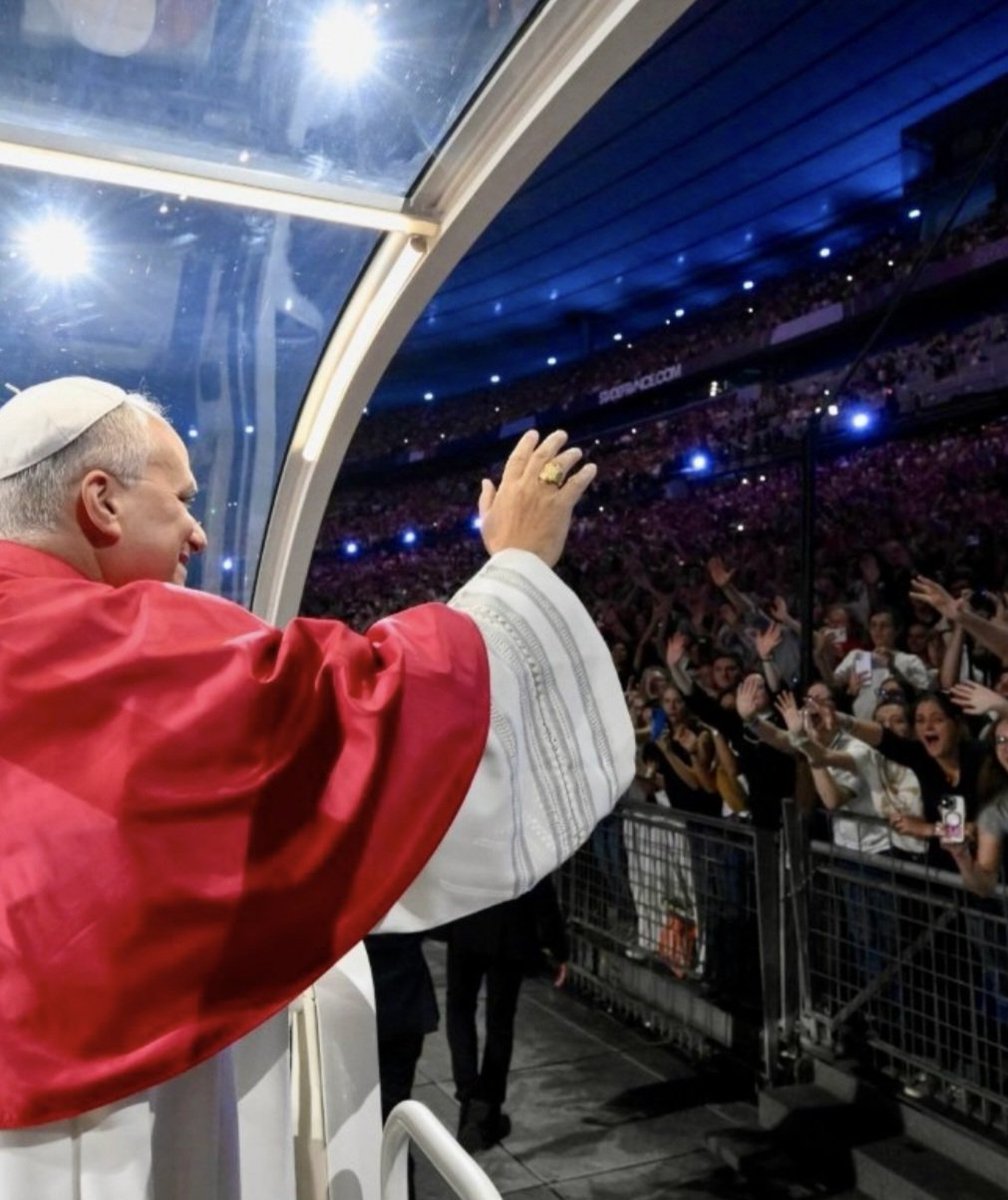 CatholicArena's tweet photo. Pope Leo XIV's first day in France: 

• Told Macron he would be 'failing his duty' if he didn't take Catholicism seriously 
• DEFENDED the right to life and Catholic education 
• Became first pope to visit Notre Dame since fire and renovation 
• Kissed Crown of Thorns worn by Jesus Christ during the crucifixion 
• Sang Salve Regina with thousands outside Notre Dame 
• Hosted amazing Youth Vigil with 80,000 young people, honouring France's glorious Catholic history