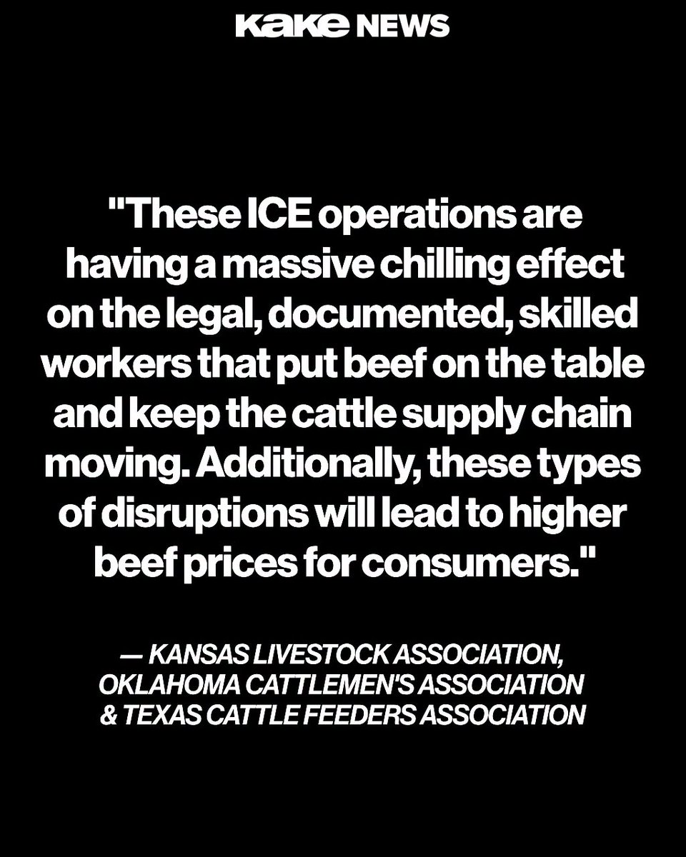 KAKEnews's tweet photo. The Kansas Livestock Association said recent immigration raids in southwest Kansas have disrupted the beef industry and could lead to higher prices.

Link in bio.

#KAKEnews #ICE #livestock https://t.co/xPYTNgmGwB