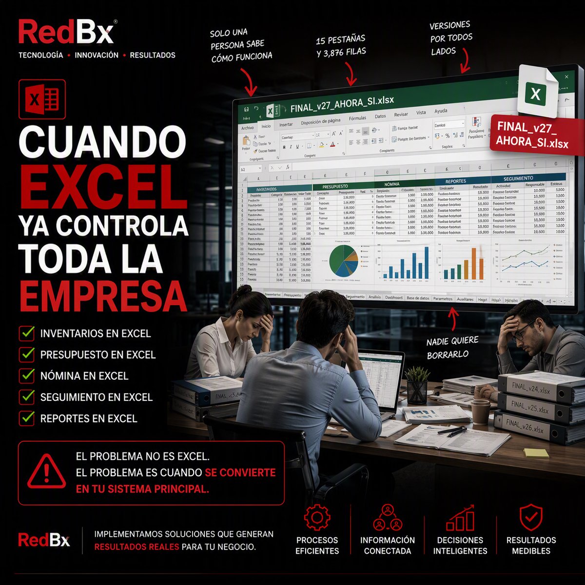 RedBxOficial's tweet photo. Todos conocemos ese archivo:

📁 FINAL_v27_AHORA_SI.xlsx

Controla presupuestos, inventarios, reportes y media empresa. 😅
El problema no es Excel.
El problema es cuando se convierte en tu sistema principal.
#ERP #Productividad #RedBx https://t.co/kUGK3eZ7nD