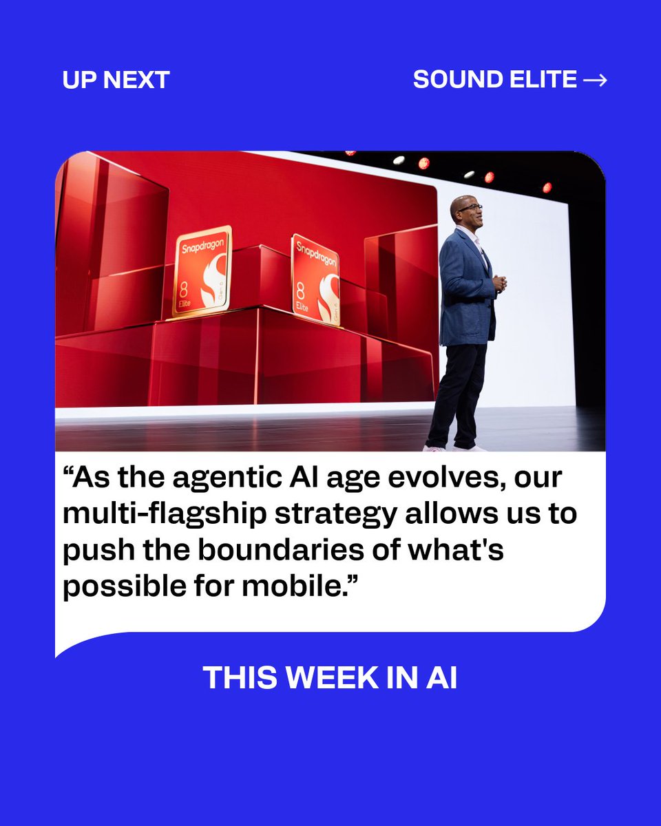 Qualcomm's tweet photo. This Week in AI
🔵 Announced at #SnapdragonSummit, @Snapdragon Dual 8 Elites power a new generation of agentic experiences: https://t.co/wm0CFD0d0Y
🔵 We introduced Snapdragon Sound Elite Gen 2, the first premium audio platform for the age of Personal AI: https://t.co/UiLY9W5MqG
🔵 Early Developer Preview for Linux is coming to next-gen #SnapdragonXSeries: https://t.co/E7IVBoYHpA