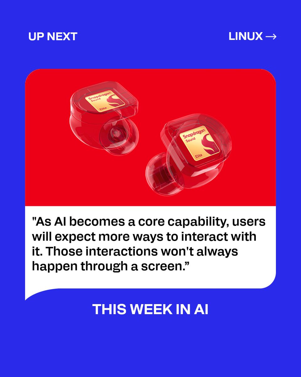 Qualcomm's tweet photo. This Week in AI
🔵 Announced at #SnapdragonSummit, @Snapdragon Dual 8 Elites power a new generation of agentic experiences: https://t.co/wm0CFD0d0Y
🔵 We introduced Snapdragon Sound Elite Gen 2, the first premium audio platform for the age of Personal AI: https://t.co/UiLY9W5MqG
🔵 Early Developer Preview for Linux is coming to next-gen #SnapdragonXSeries: https://t.co/E7IVBoYHpA