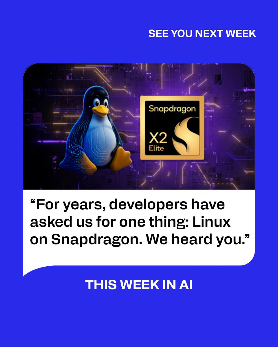 Qualcomm's tweet photo. This Week in AI
🔵 Announced at #SnapdragonSummit, @Snapdragon Dual 8 Elites power a new generation of agentic experiences: https://t.co/wm0CFD0d0Y
🔵 We introduced Snapdragon Sound Elite Gen 2, the first premium audio platform for the age of Personal AI: https://t.co/UiLY9W5MqG
🔵 Early Developer Preview for Linux is coming to next-gen #SnapdragonXSeries: https://t.co/E7IVBoYHpA