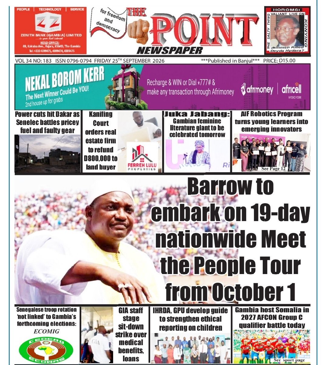 Gatman180's tweet photo. 🇬🇲🇬🇲: President Adama Barrow will begin the 2026 Meet the People Tour on 1 October, according to a State House announcement published today. The circuit is scheduled for 19 days, of which 15 are working days and four are rest days. Over that period he is expected to hold 21 general meetings in major towns and growth centres, inspect 24 project sites, and preside over seven inauguration or handover ceremonies. The tour is due to end in mid-October, after which he is expected to return to Banjul. 

The article presents the tour as a constitutional duty under Section 222(15) of the 1997 Constitution. That section sits in the Code of Conduct for public officers. The relevant presidential clause requires the President to undertake a nationwide tour at least twice a year so that he can see current conditions and the effects of government policy at first hand. Governments have long packaged that requirement as an annual Meet the People Tour, even though the text itself calls for at least two such tours a year. 

The stated purpose is dialogue and inspection. Communities are meant to raise problems of roads, electricity, water, farming, health and schools, while the President inspects unfinished works and commissions those that are ready. In practice these tours also draw large organised crowds of local officials, traditional leaders, women’s groups, youth and ruling-party supporters, and they have often doubled as a platform for announcing projects and calling for unity.

The political setting matters. The presidential election is fixed for 5 December 2026. Barrow, president since 2017, is seeking a third term under the existing constitution after earlier attempts to write in term limits failed. Recent polling has put him ahead of Ousainou Darboe of the UDP, but short of a majority and with a large undecided share. Talk of an NPP understanding with Essa Mbye Faal’s APP-Sobeyaa is part of that pre-campaign picture. Barrow has already used recent State House meetings to accuse some opponents of paying people to swell rally crowds. 

Earlier tours followed a similar pattern: site visits, promises on electrification and roads, groundnut-payment reforms, and occasional disputes over whether the exercise had become a campaign. Barrow has previously insisted that formal politics would wait until the official tour was over.

(@PointGambia)
