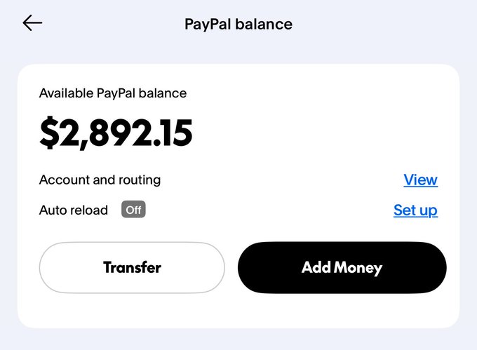 A PayPal balance screen displays an available balance of $2,892.15, with options to view account and routing details, set up auto reload, and transfer or add money. The screenshot appears to support the caption by showcasing the substantial amount of funds available, fueling the playful request for more.