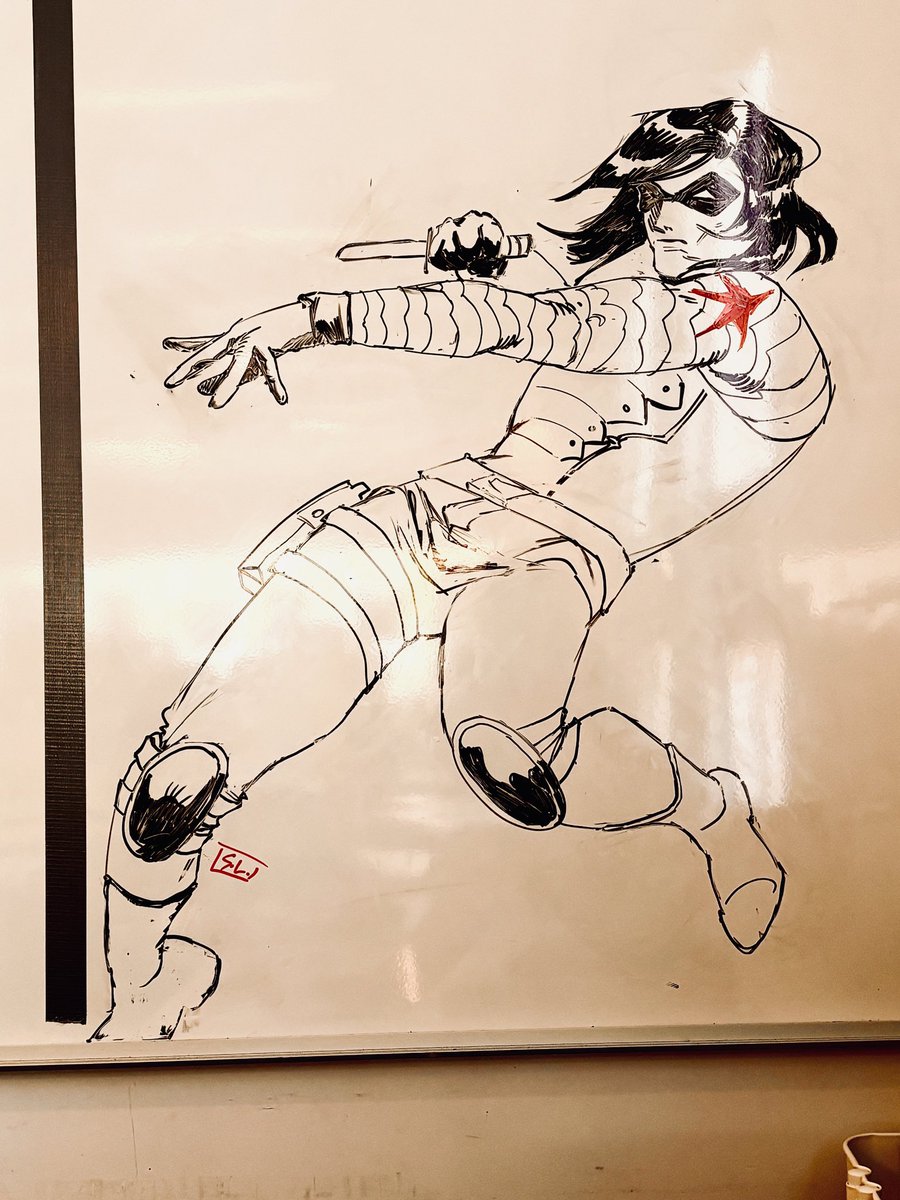 stupif_png's tweet photo. When I was drawing on the board a group of scholars used the other side to solve and discuss math equations, felt like a total chud, that must’ve been what students felt beside the Knights of the Atomic Round Table. 

#buckybarnes #wintersoldier #art https://t.co/gTXHRqsY9m