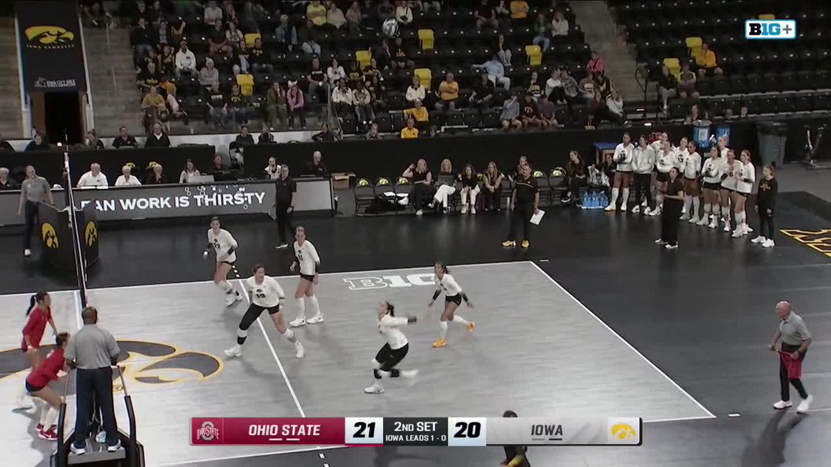 A women's college volleyball match between Ohio State (21) and Iowa (20) in the 2nd set, with Iowa leading 1-0; broadcast on Big+ Network.