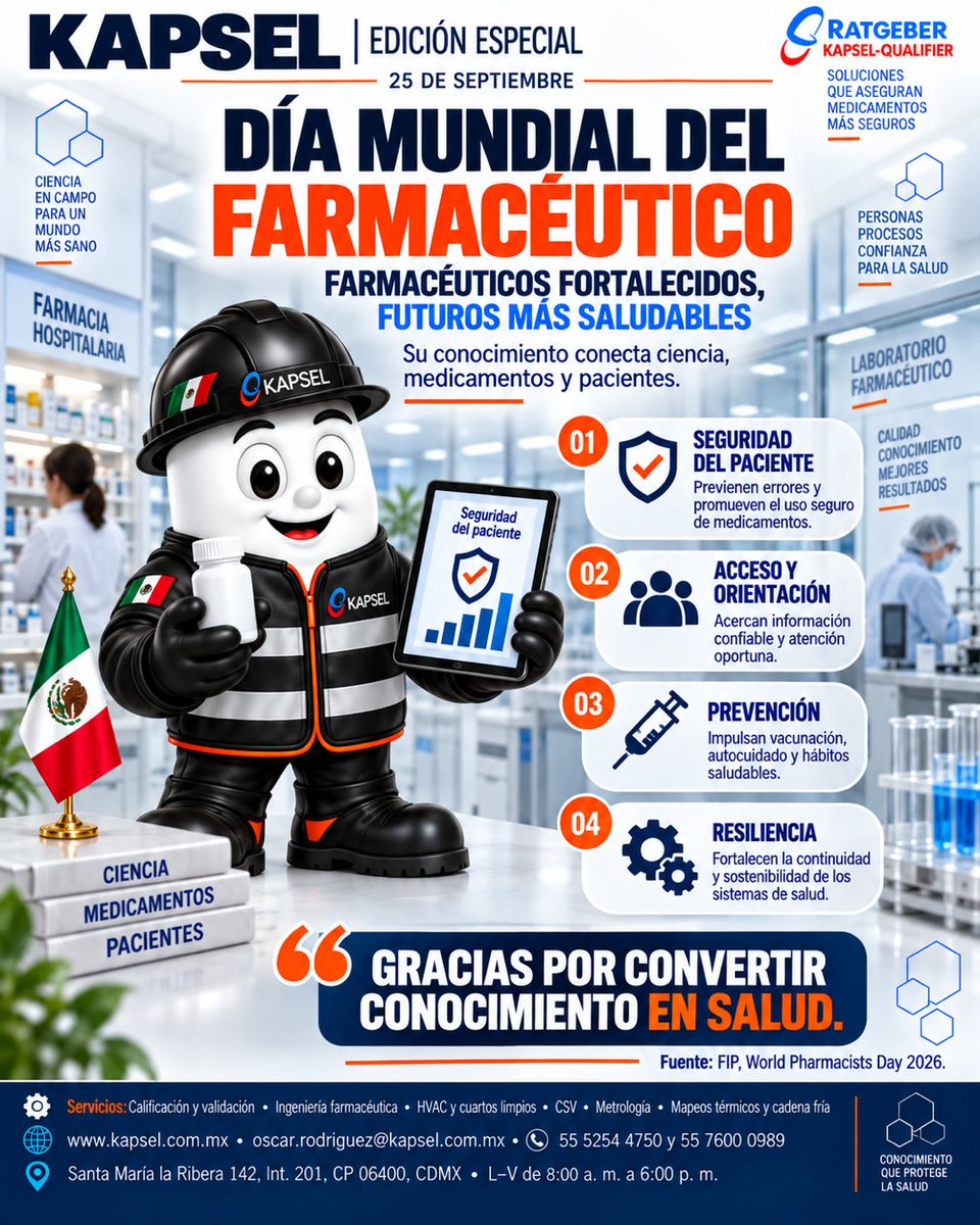 kapsel3's tweet photo. Hoy reconocemos a quienes convierten conocimiento en salud. Fortalecer al personal farmacéutico impulsa seguridad, acceso, prevención y sistemas de salud resilientes. Fuente: FIP 2026. https://t.co/HkQMUU1zfI | oscar.rodriguez@kapsel.com.mx | 55 5254 4750 / 55 7600 0989 https://t.co/aGmS7ccowy