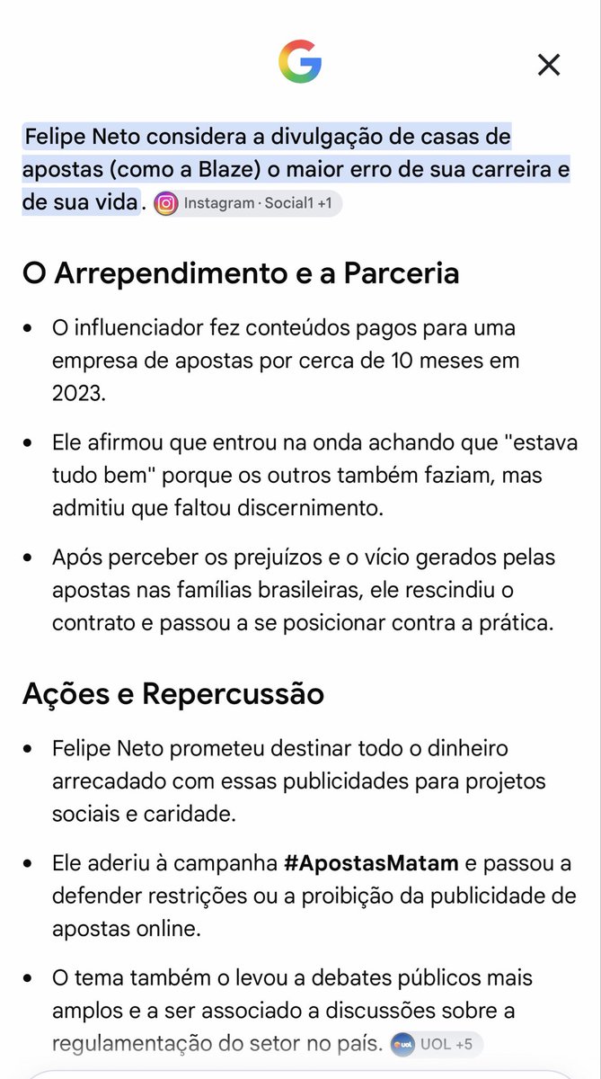 felipeneto's tweet photo. Foi a pior coisa q fiz na vida.

Não fiquei com o dinheiro e ainda fiquei com a fama de ter ficado com o dinheiro.

E considero bem feito pra mim. Ninguém mandou ser burro e ganancioso.

Dito isso, estou 100% do lado da proibição das bets. Só tem q criar uma forma de pegar influenciador q vai morar fora do Brasil pra divulgar bet ilegal sem poder ser preso. Anotem, eles vão fazer isso.

A lei tem que prever a derrubada da conta na rede social, ou eles vão fazer isso.